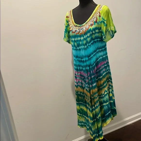 Wine’s Tie-Dye Summer Dress Short Sleeves Embroidered Size OS - Picture 1 of 13